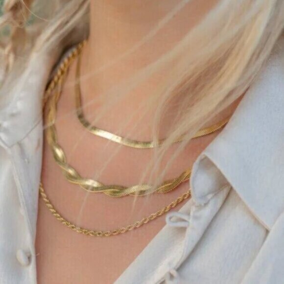 Gold Herringbone Twist Necklace Waterproof Necklace Gorgeous Layering Necklace - Picture 7 of 16